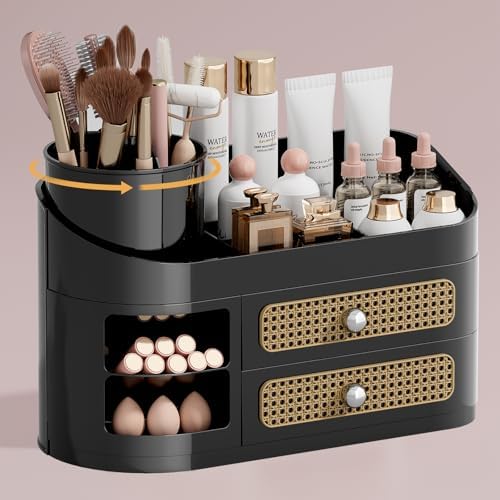 Makeup Organizer with Rotating Brush Holder, Black